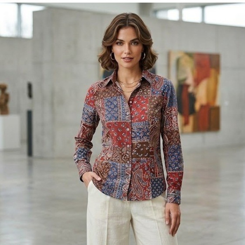 Jessica Simpson Patchwork Paisley Print Button Front Shirt Long Sleeve Womens M